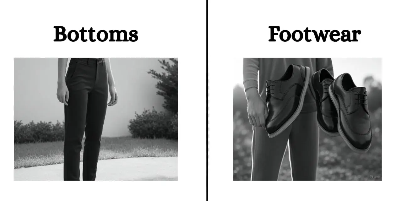 This image is a split-screen comparison of two fashion categories. On the left, 'Bottoms' features a person wearing dark pants outdoors. On the right, 'Footwear' shows a person holding a pair of dark leather shoes. Both photos are in black and white