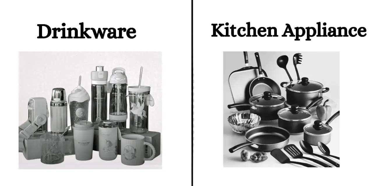 The image is a split-screen comparison featuring two categories of kitchen items. On the left, "Drinkware" showcases various cups, tumblers, and mugs with lids and straws. On the right, "Kitchen Appliance" displays a collection of pots, pans, utensils, and cooking tools. Both sections are presented in black-and-white against a white background.