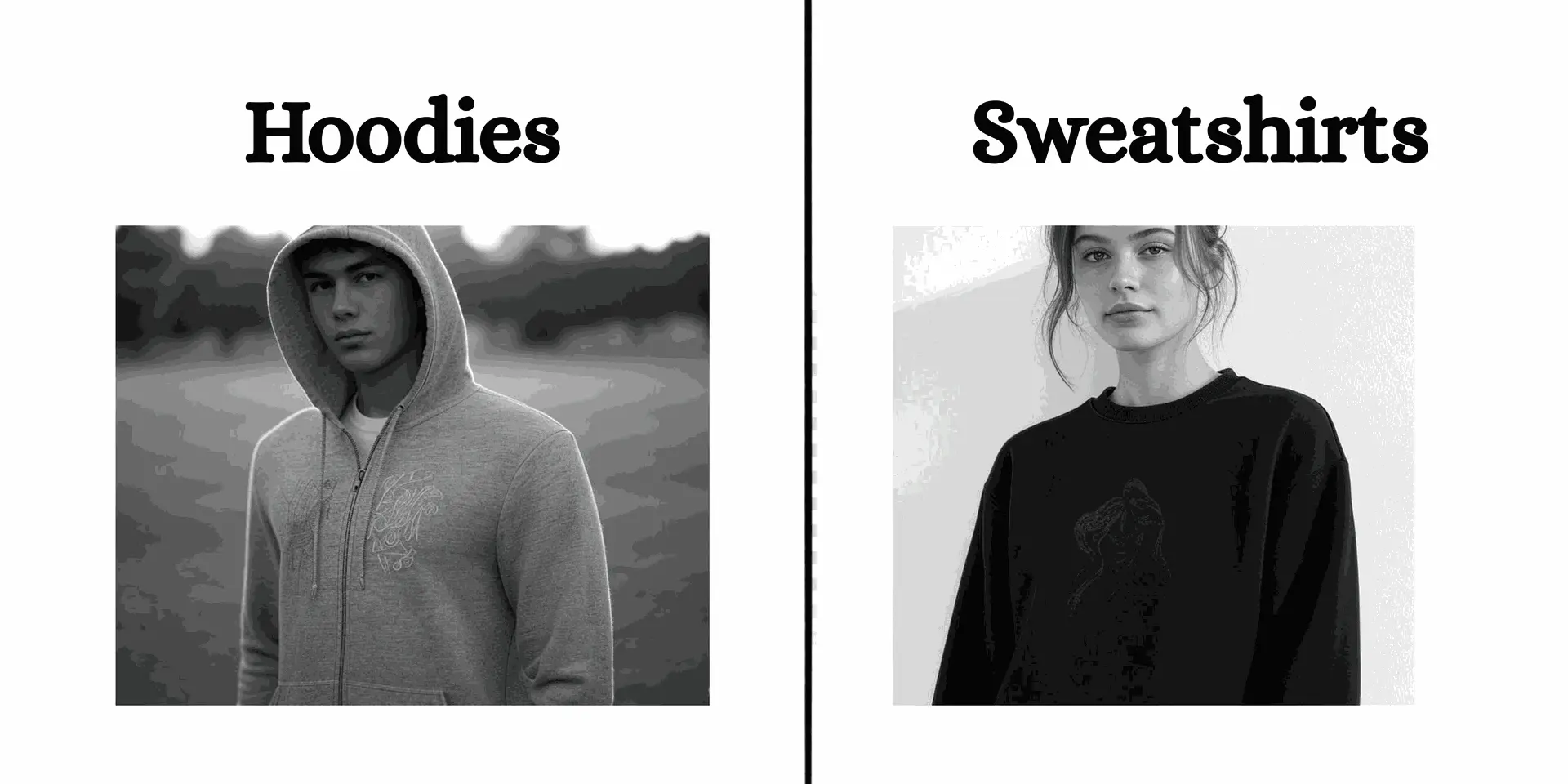 Hoodies vs Sweatshirts: Comfortable Casual Wear. Hoodies are cozy tops with hoods for added warmth and style. Sweatshirts are classic crew-neck tops for laid-back vibes. Perfect for casual outings, lounging, or everyday wear.