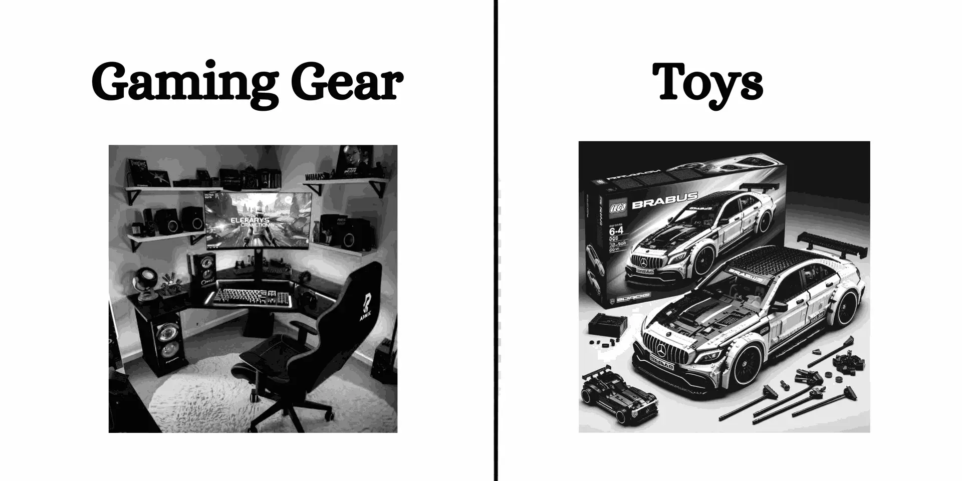 This image compares two categories: 'Gaming Gear' and 'Toys'. The 'Gaming Gear' section shows a black-and-white photo of a gaming setup with a desk, chair, monitor, keyboard, and speakers. The 'Toys' section displays a black-and-white image of a LEGO Brabus car toy with its packaging and parts