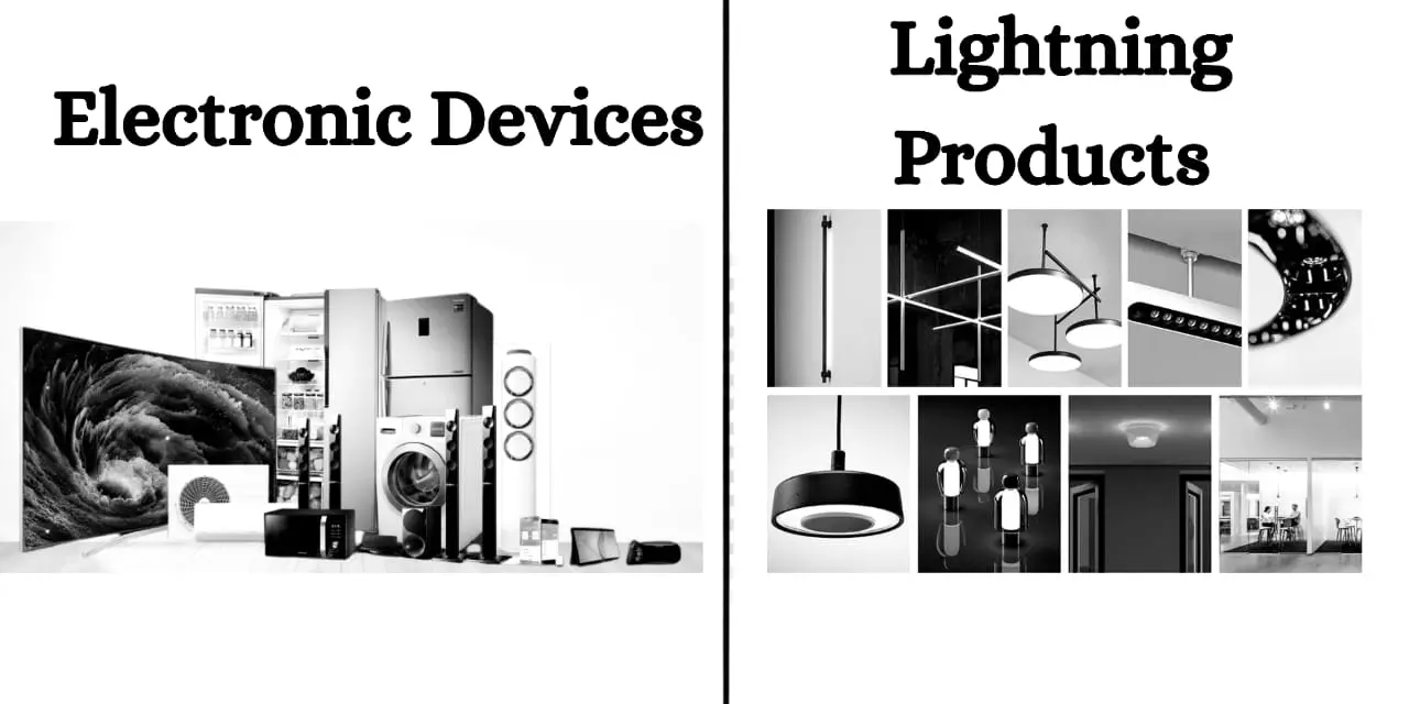 This image showcases two categories of products: 'Electronic Devices' and 'Lightning Products'. The 'Electronic Devices' section features a collection of gadgets like a TV, refrigerator, washing machine, and speakers. The 'Lightning Products' section displays various lighting fixtures for homes or offices. Both sections use black-and-white imagery on a white background."