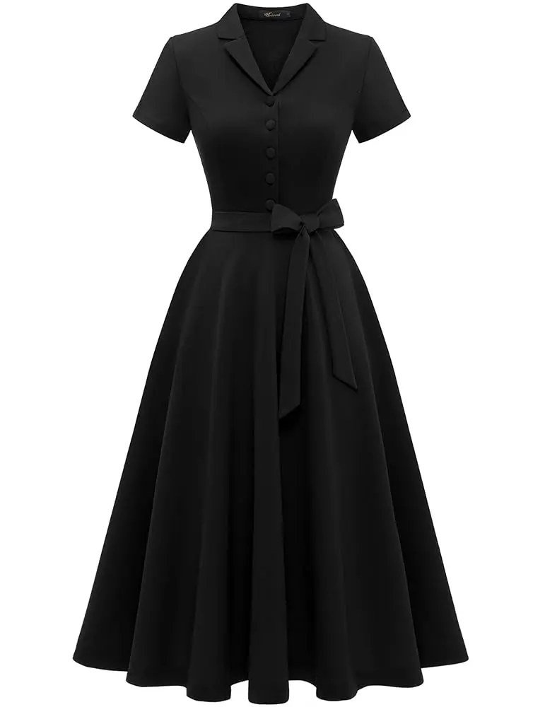 Wedtrend | Vintage Short Sleeve Tea Dress for Casual | Black