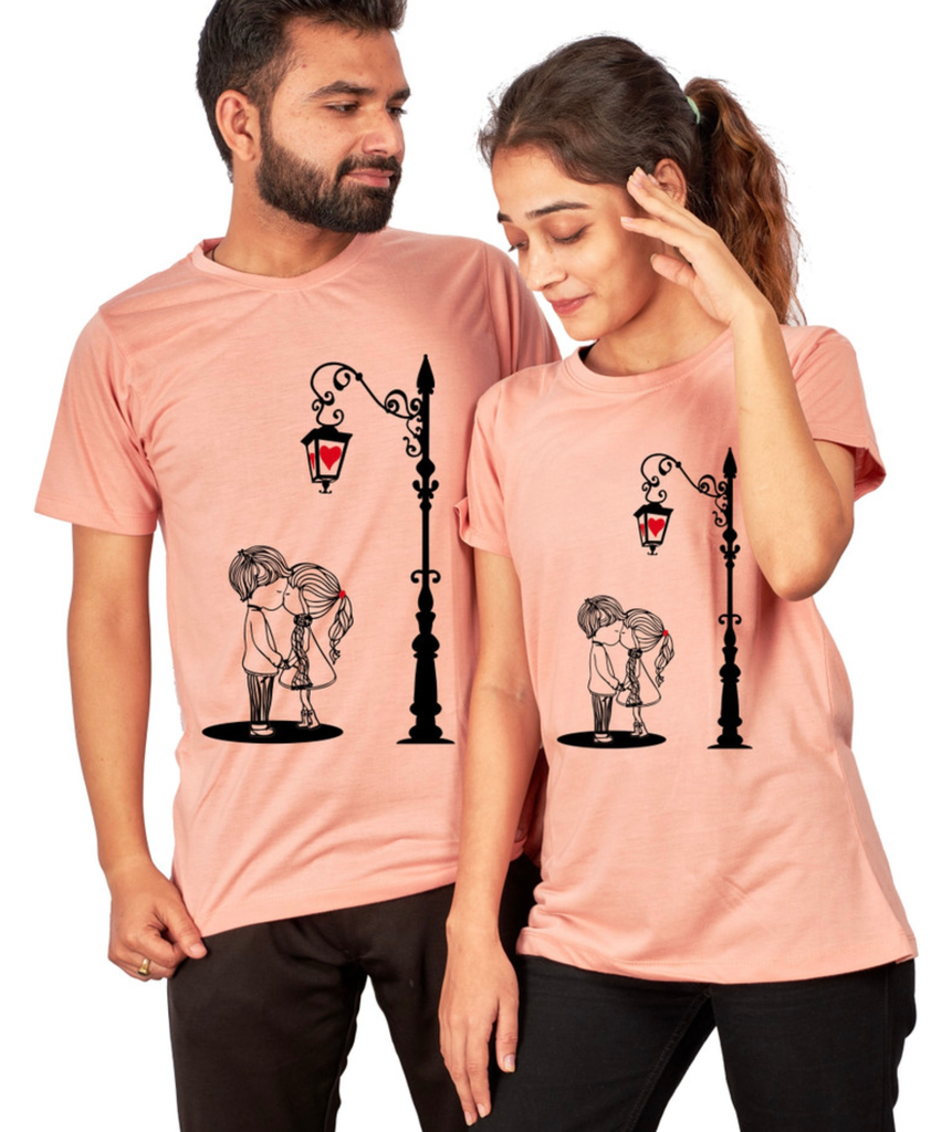 Couple Trend Regular Round Neck Matching half sleeves peach colour T-shirt for couples