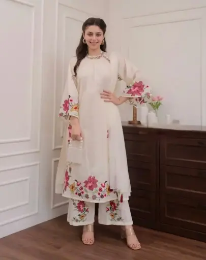 Ivory Bloom | Cotton Embroidered Suit  