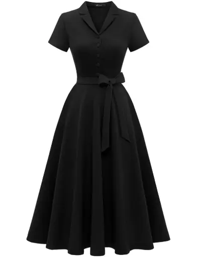 Wedtrend | Vintage Short Sleeve Tea Dress for Casual | Black