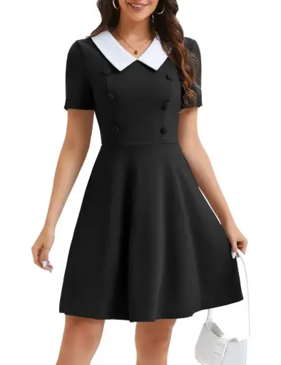 Bbonline | Retro Rockabilly Dress | Peter Pan Collar | Short Sleeve Black Dress